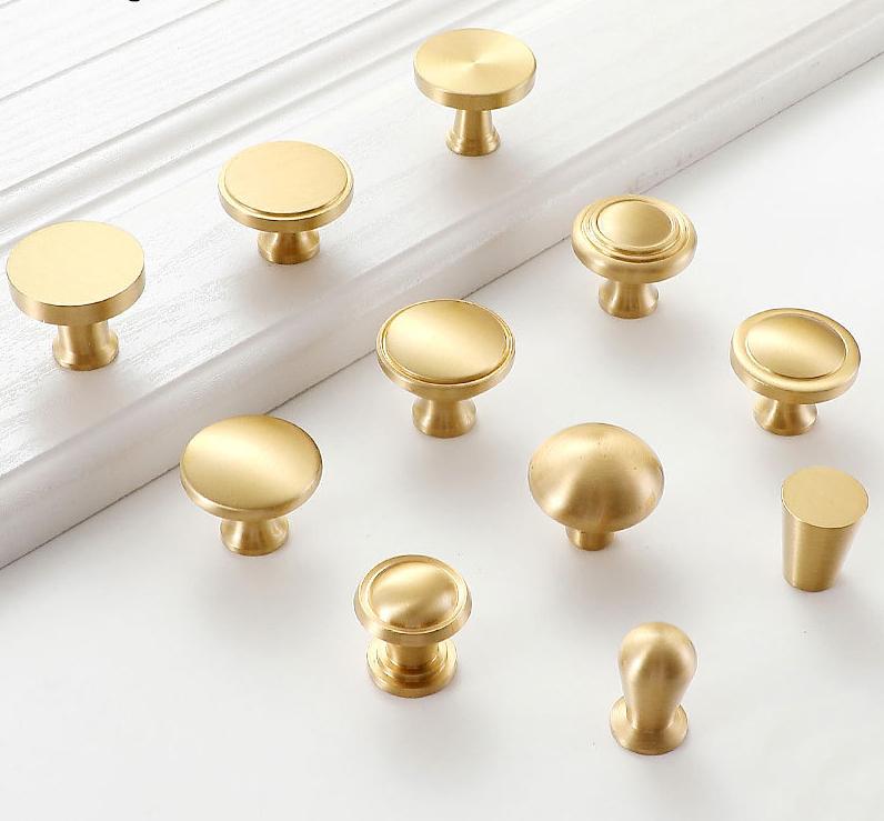 Minimalist Brushed Gold Solid Brass Cabinet Knobs Modern Solid Brass Drawer Pulls Round Conical Mushroom Shapes Any Interior Style