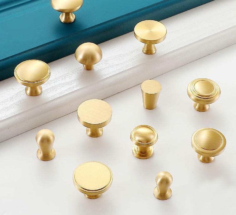 Minimalist Brushed Gold Solid Brass Cabinet Knobs Modern Solid Brass Drawer Pulls Round Conical Mushroom Shapes Any Interior Style