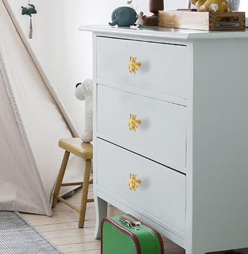 Gold Bee Solid Brass Drawer Knobs Cute Insect Cabinet Handles Kids Room Nursery Nature-Inspired Furniture Decor