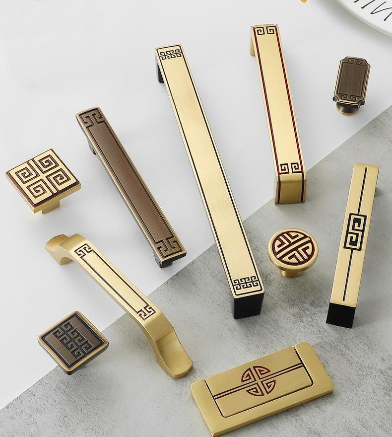 Oriental Style Solid Brass Cabinet Handles Knobs Chinese Pattern Brass Drawer Pulls Gold Black Kitchen Furniture Decor