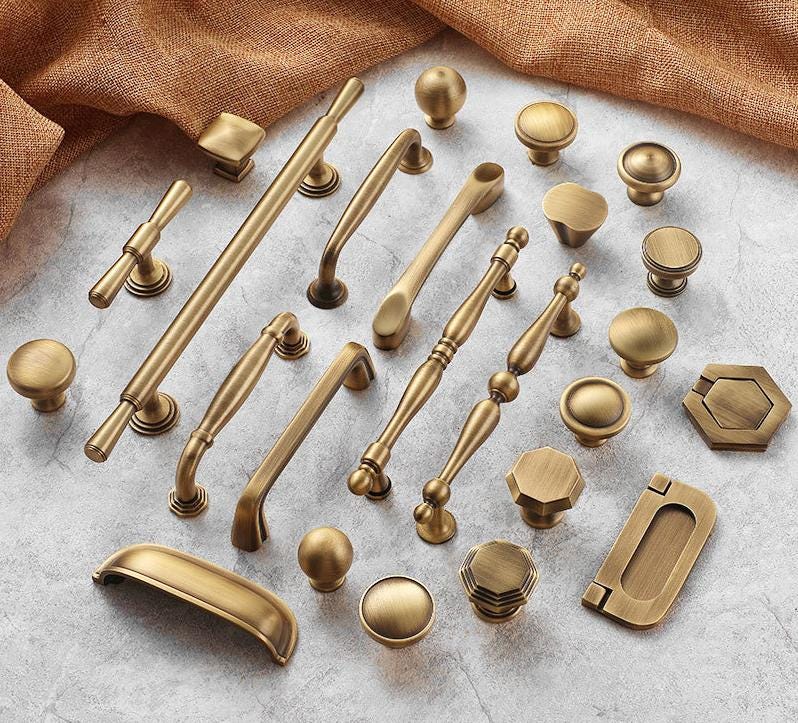 Antique Brass Cabinet Handles Aged Solid Brass Classic Vintage Drawer Bin Cups Pulls Knobs Patina Rustic Colonial Traditional Furniture