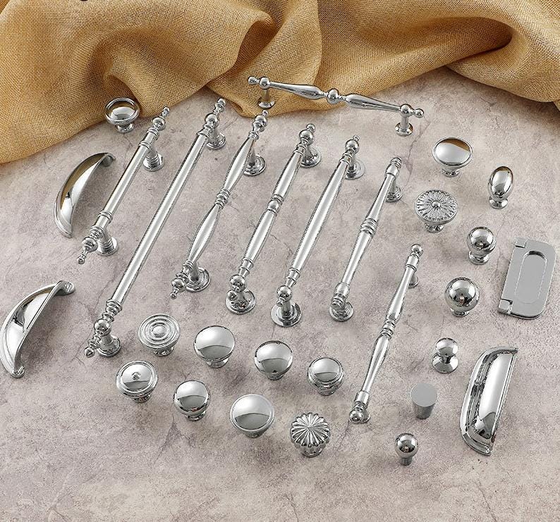 Elegant Vintage Chrome Solid Brass Cabinet Drawer Knobs Bin Cups Pulls Classic Furniture Handles Bathroom Kitchen Bedroom Dresser Wardrobe