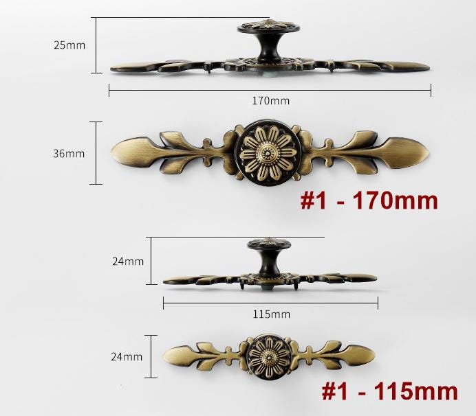Vintage Baroque Solid Brass Cabinet Pulls Antique Gold Bronze Drop Handles Ornate Rosette Design Classic Retro Furniture