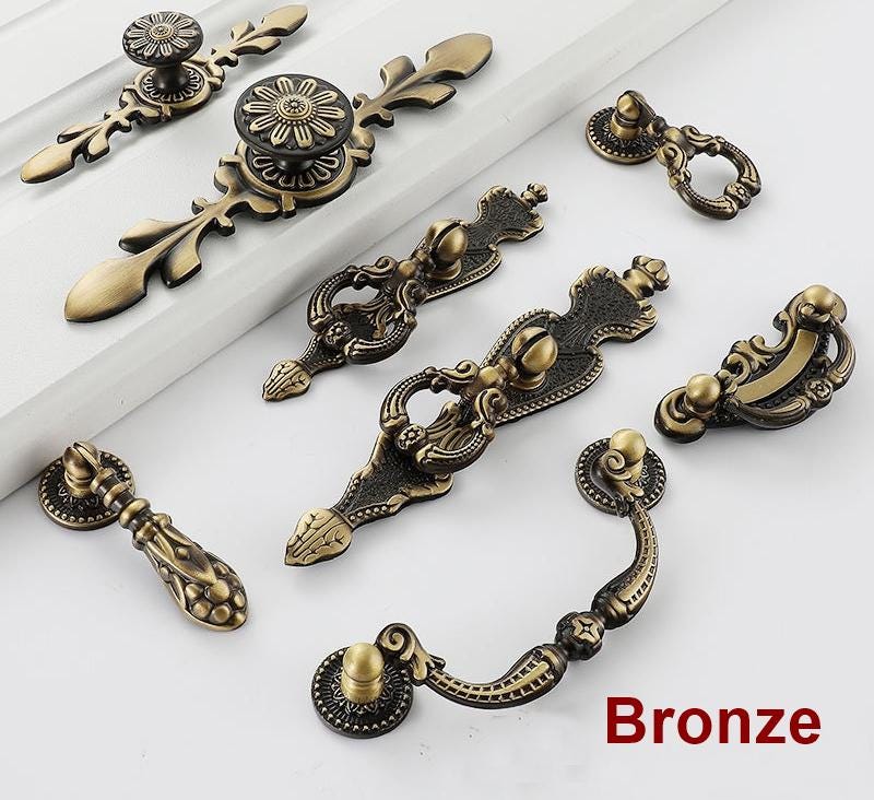 Vintage Baroque Solid Brass Cabinet Pulls Antique Gold Bronze Drop Handles Ornate Rosette Design Classic Retro Furniture