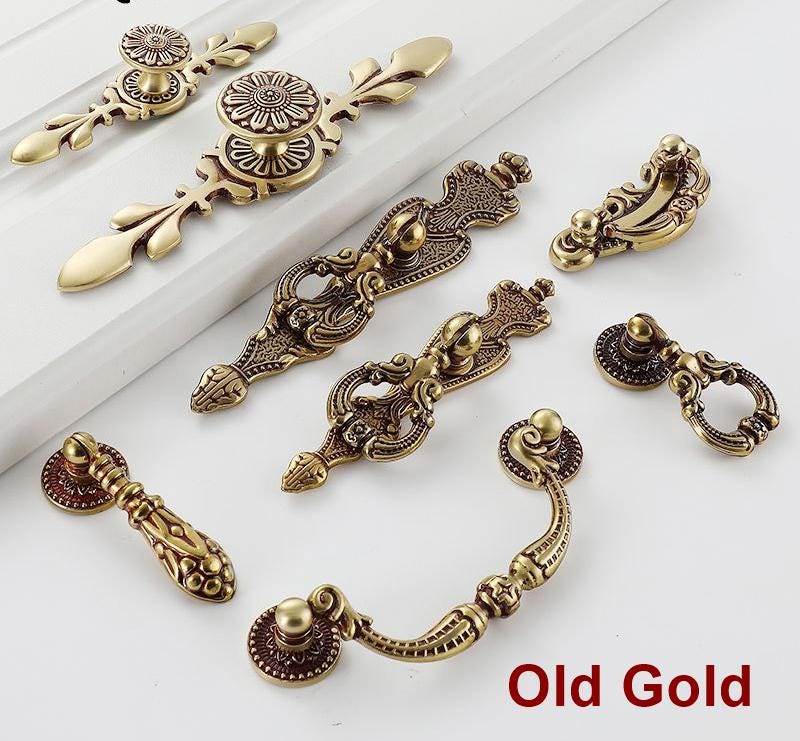 Vintage Baroque Solid Brass Cabinet Pulls Antique Gold Bronze Drop Handles Ornate Rosette Design Classic Retro Furniture