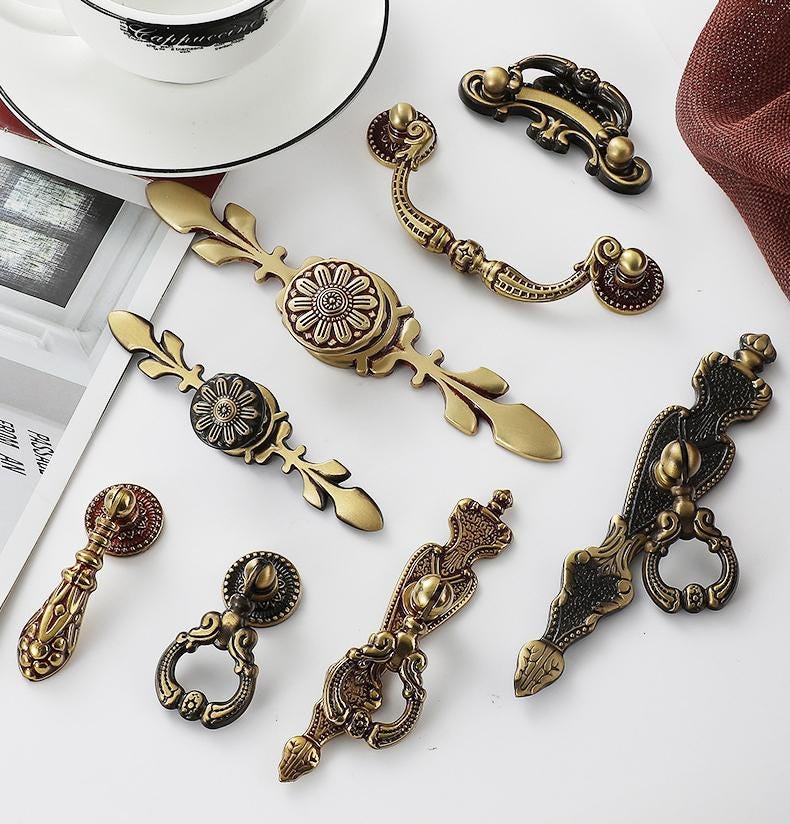 Vintage Baroque Solid Brass Cabinet Pulls Antique Gold Bronze Drop Handles Ornate Rosette Design Classic Retro Furniture