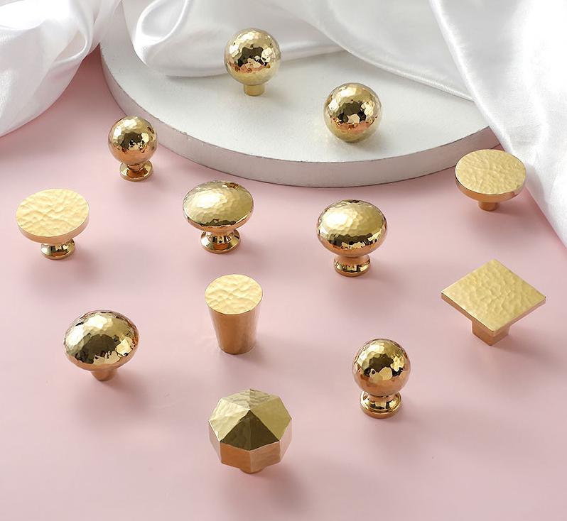 Gold Hammered Solid Brass Cabinet Knobs Modern Geometric Drawer Pulls Kitchen Closet Dresser Textured Brass Finish