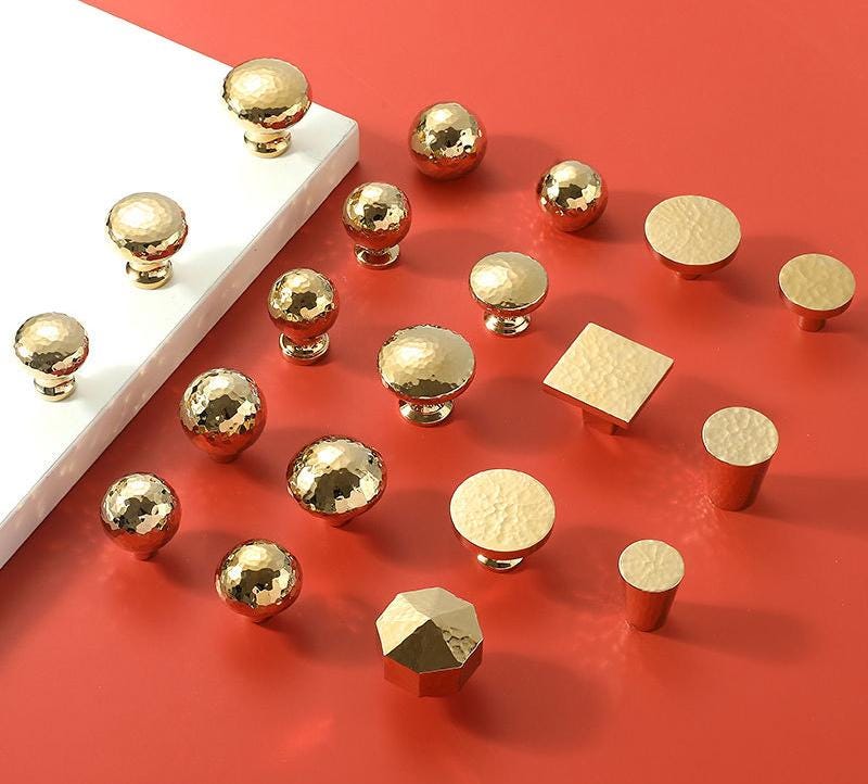 Gold Hammered Solid Brass Cabinet Knobs Modern Geometric Drawer Pulls Kitchen Closet Dresser Textured Brass Finish