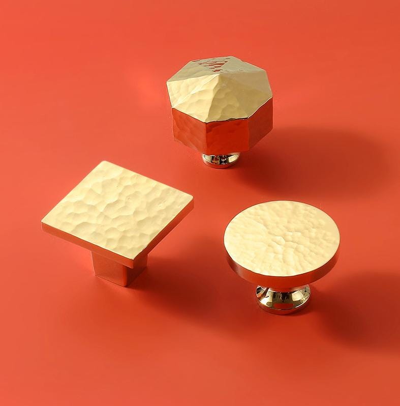 Gold Hammered Solid Brass Cabinet Knobs Modern Geometric Drawer Pulls Kitchen Closet Dresser Textured Brass Finish
