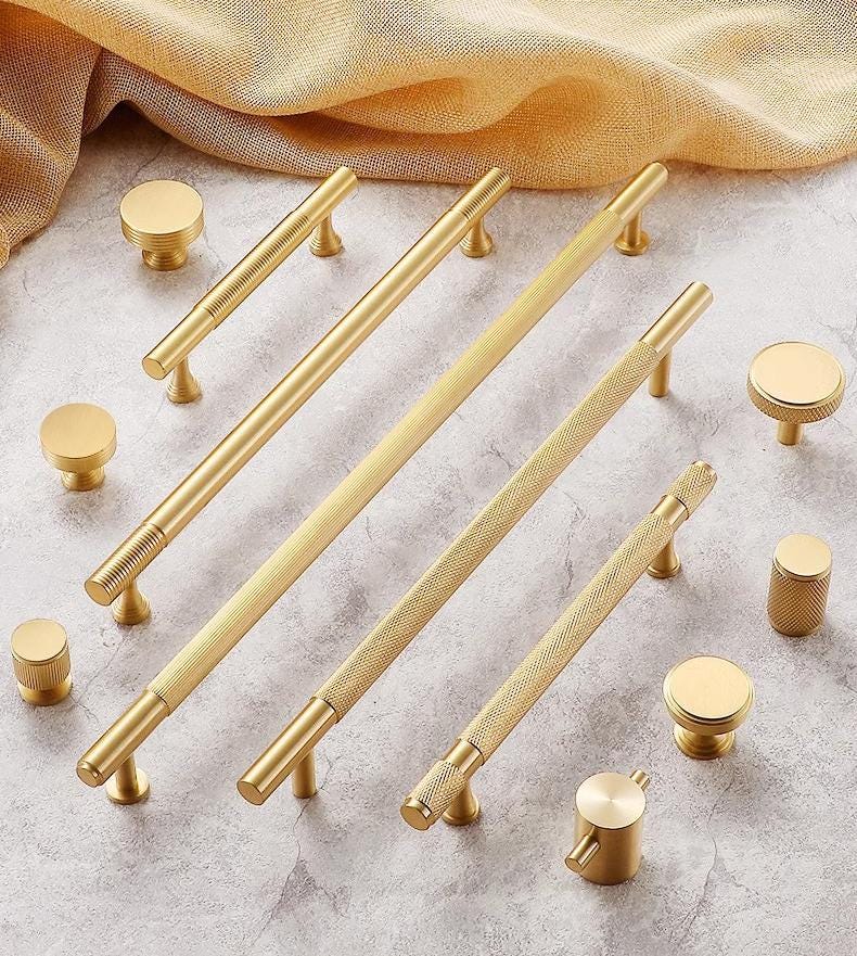 Modern Knurled Gold Solid Brass Cabinet Pulls Industrial Style Drawer Handles Knobs Kitchen Wardrobe Dresser Furniture Hardware