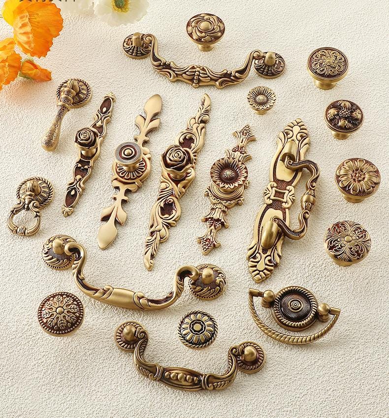 Vintage Antique Solid Brass Drawer Pulls and Cabinet Knobs Baroque Floral Handles Classic Retro Furniture Restoration