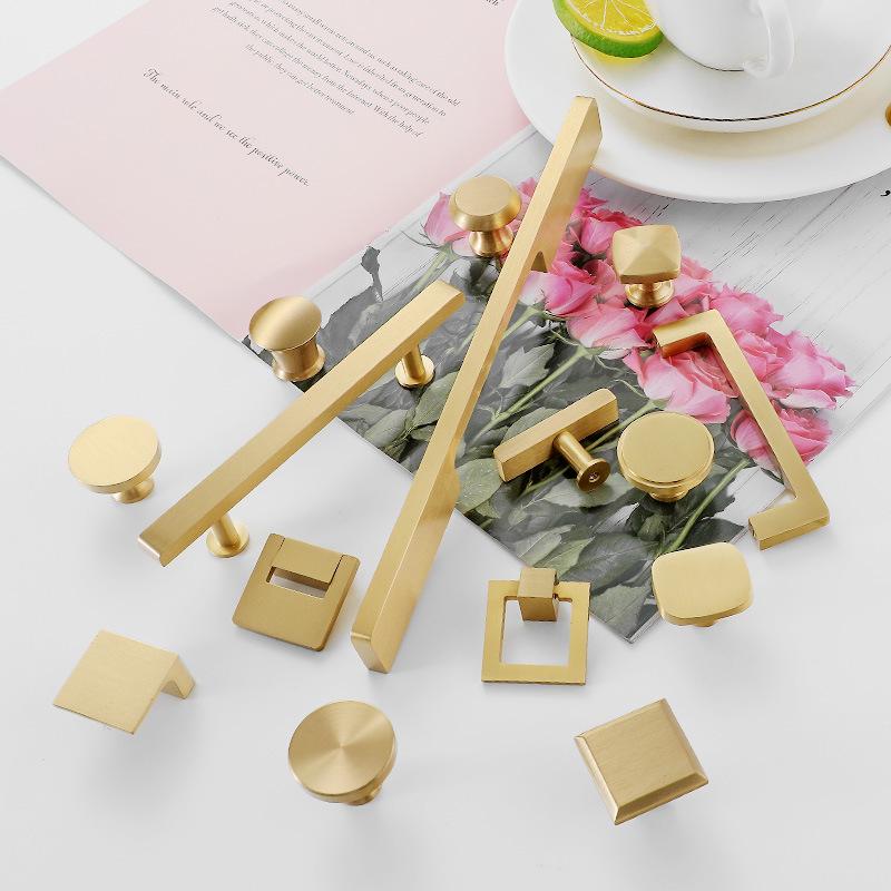 Matte Gold Solid Brass Cabinet Pulls and Knobs Minimalist Scandinavian Modern Handles Drawers Kitchen Bathroom Cabinets Dressers Wardrobes