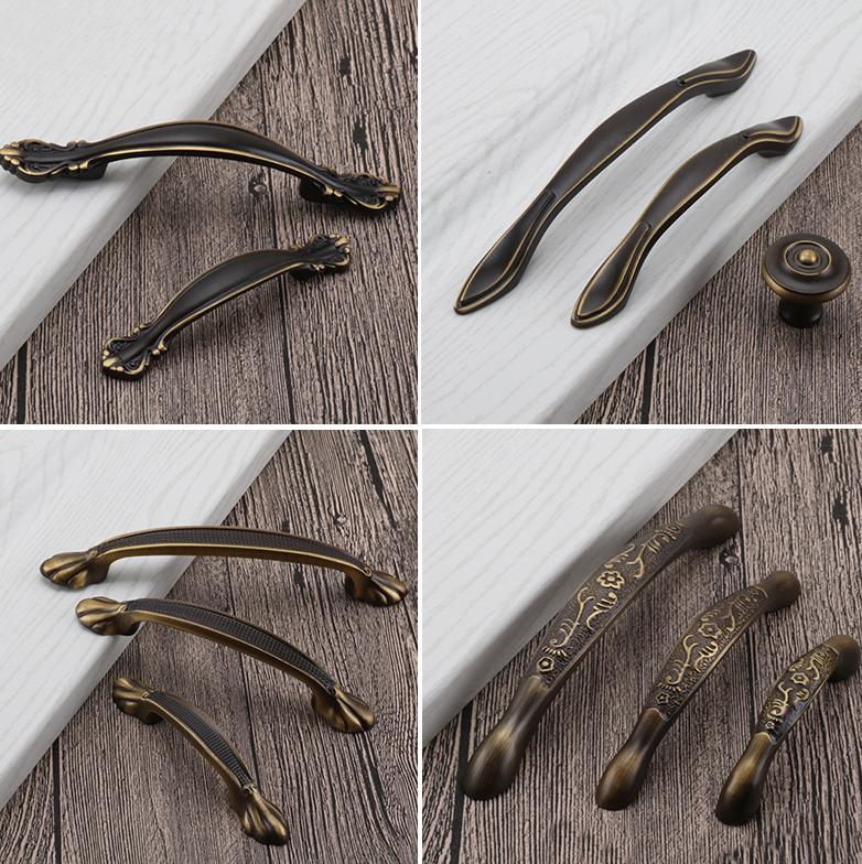 Antique Solid Brass Cabinet Handles Vintage Bronze Drawer Pulls Floral Carved Details Classic Retro Furniture Restoration