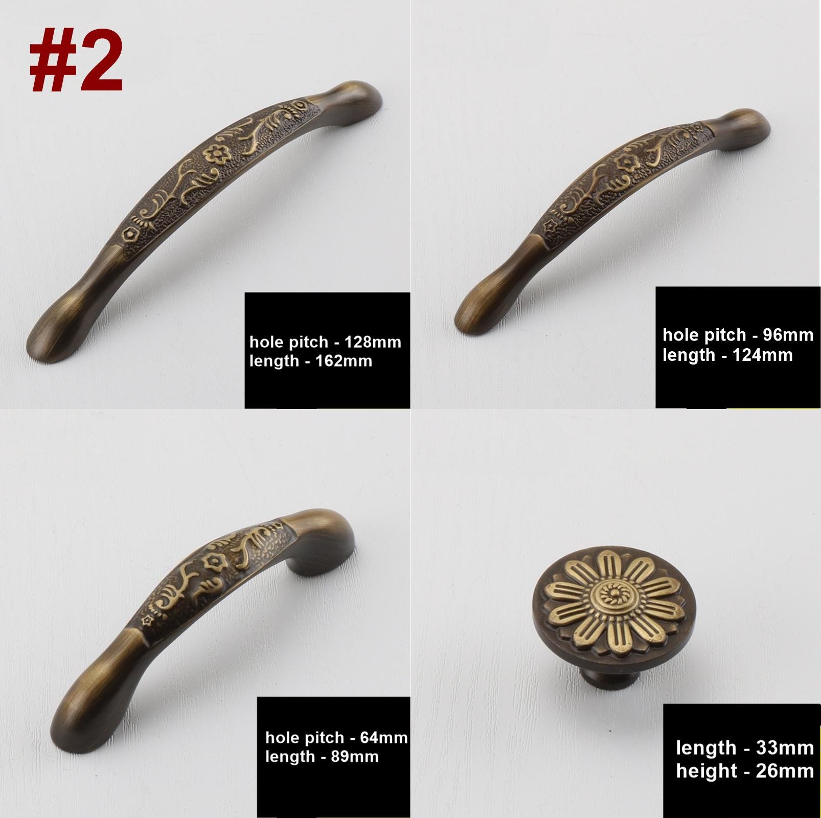 Antique Solid Brass Cabinet Handles Vintage Bronze Drawer Pulls Floral Carved Details Classic Retro Furniture Restoration