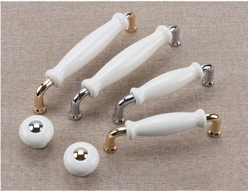 Ceramic & Solid Brass Cabinet Pulls White Vintage Drawer Handles Gold Chrome Accents Classic French Country Style Kitchens Cupboards Drawers