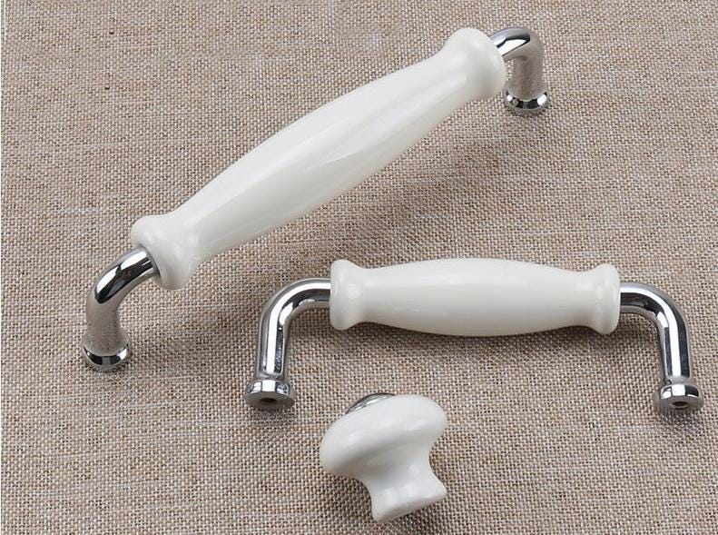 Ceramic & Solid Brass Cabinet Pulls White Vintage Drawer Handles Gold Chrome Accents Classic French Country Style Kitchens Cupboards Drawers