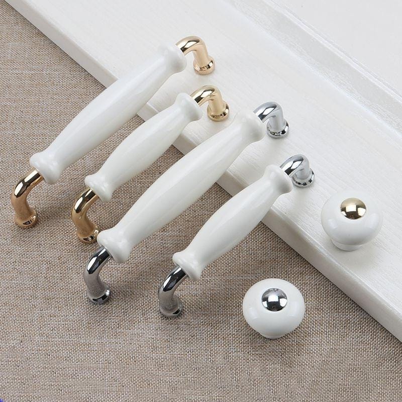 Ceramic & Solid Brass Cabinet Pulls White Vintage Drawer Handles Gold Chrome Accents Classic French Country Style Kitchens Cupboards Drawers