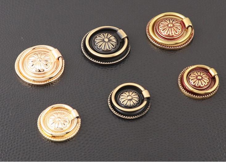 Vintage Ring Pull Handles Solid Brass Cabinets Drawers Antique Brass Black Red Bronze Floral Knobs Classic Retro Traditional Furniture Decor