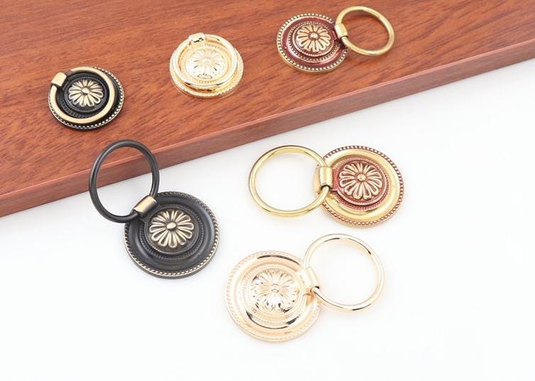 Vintage Ring Pull Handles Solid Brass Cabinets Drawers Antique Brass Black Red Bronze Floral Knobs Classic Retro Traditional Furniture Decor