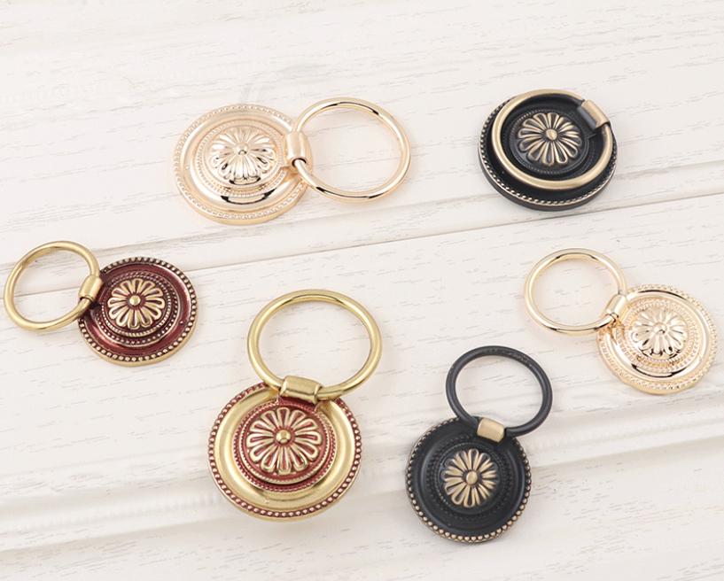 Vintage Ring Pull Handles Solid Brass Cabinets Drawers Antique Brass Black Red Bronze Floral Knobs Classic Retro Traditional Furniture Decor