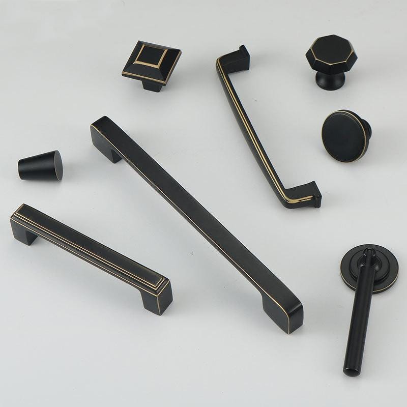 Matte Black Solid Brass Cabinet Knobs Gold Accents Art Deco Geometric Drawer Pulls Kitchen Dresser Closet Modern Classic Furniture
