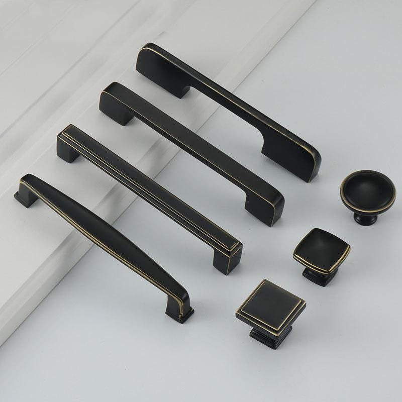 Matte Black Solid Brass Cabinet Knobs Gold Accents Art Deco Geometric Drawer Pulls Kitchen Dresser Closet Modern Classic Furniture