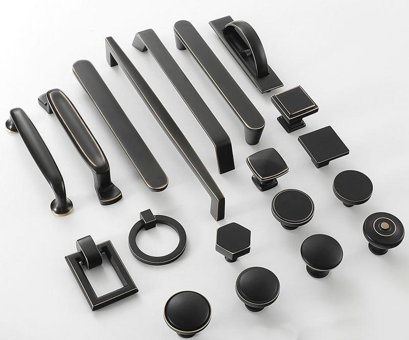 Matte Black Cabinet Knobs Pulls Solid Brass Modern Industrial Drawer Handles with Gold Accents for Kitchen Dresser Closet Office Furniture