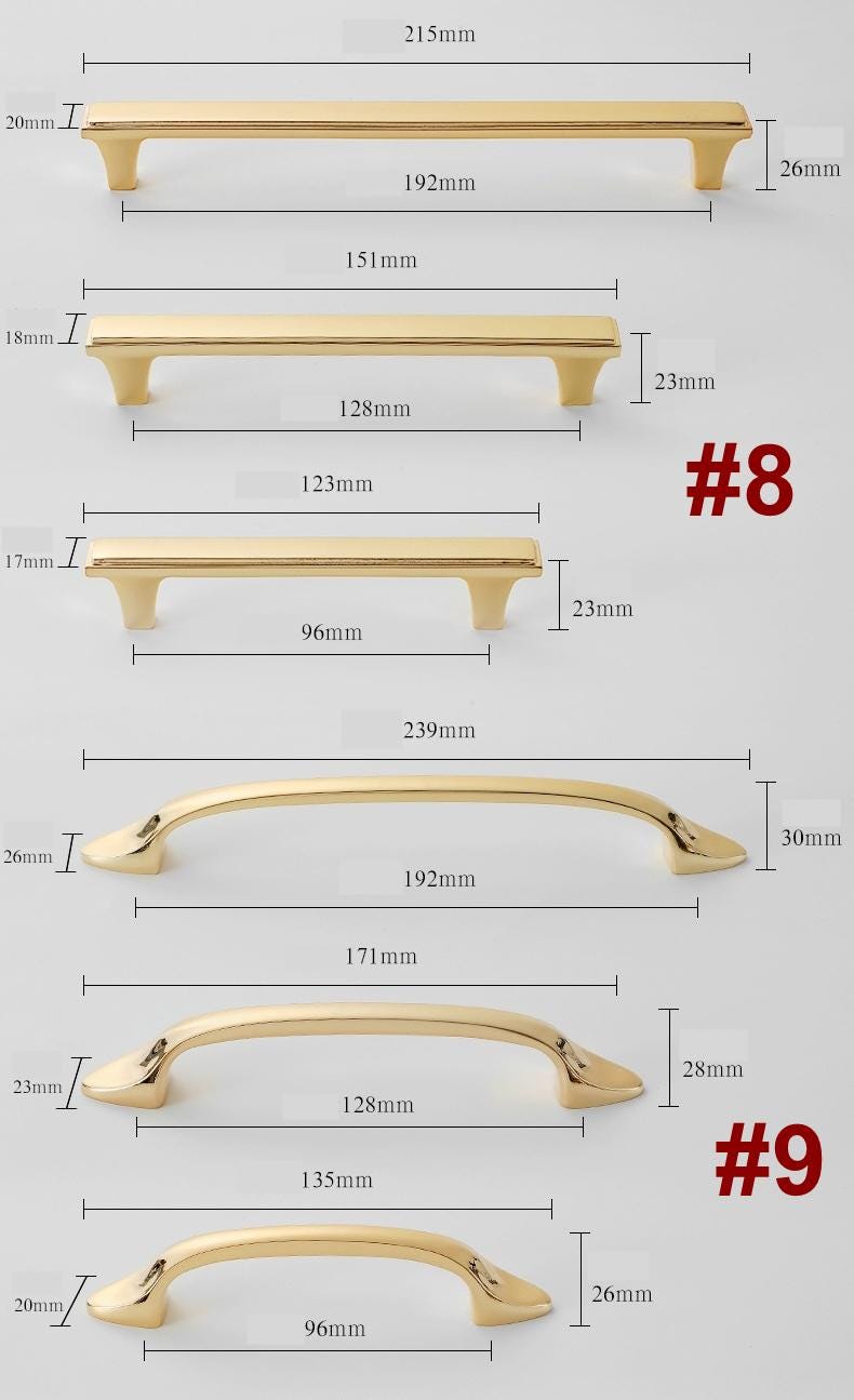 Glossy Gold Solid Brass Cabinet Knobs Pulls Modern Minimalist Drawer Handles for Kitchen Closet Dresser Glamorous Luxury Interior Decor