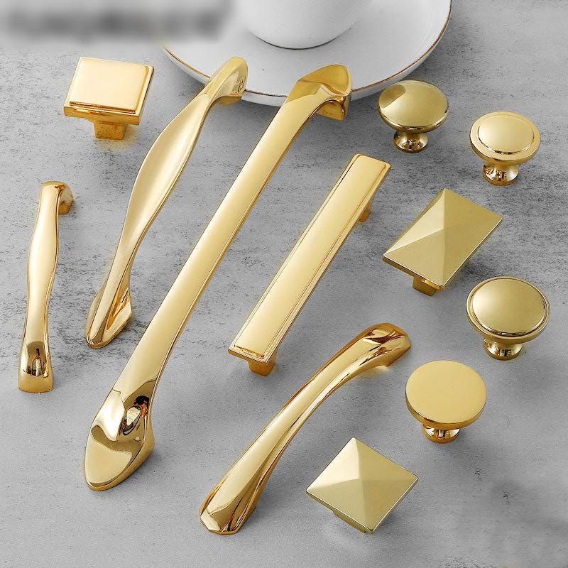 Glossy Gold Solid Brass Cabinet Knobs Pulls Modern Minimalist Drawer Handles for Kitchen Closet Dresser Glamorous Luxury Interior Decor