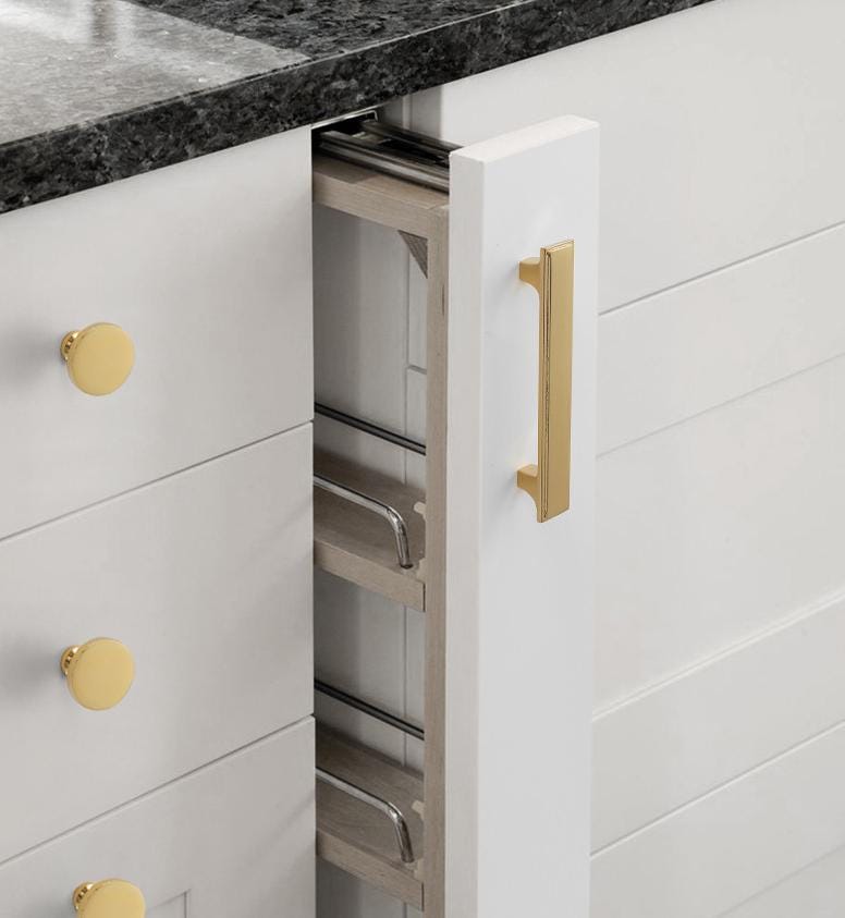 Glossy Gold Solid Brass Cabinet Knobs Pulls Modern Minimalist Drawer Handles for Kitchen Closet Dresser Glamorous Luxury Interior Decor