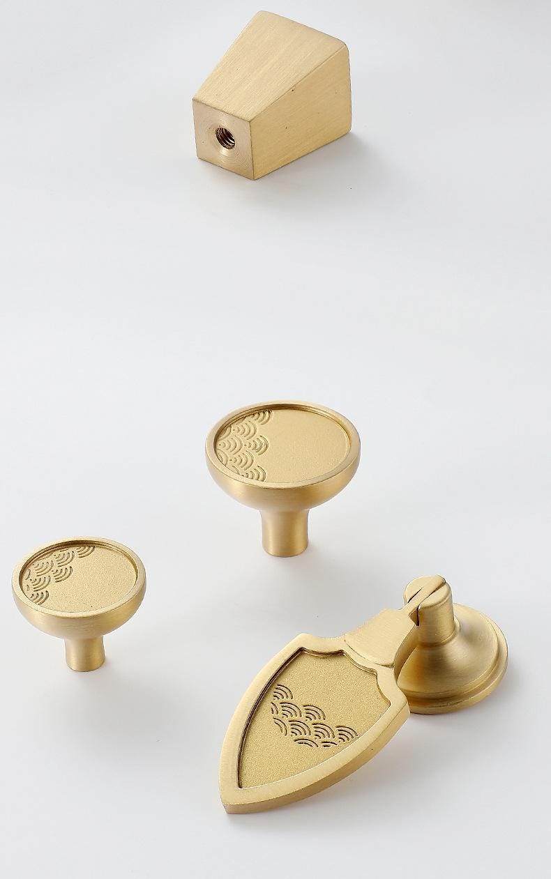 Japanese Chinese Cabinet Pulls Gold Solid Brass Handles Wave Sakura Motifs for Dresser Closet Furniture Wabi-Sabi Oriental Interior Decor
