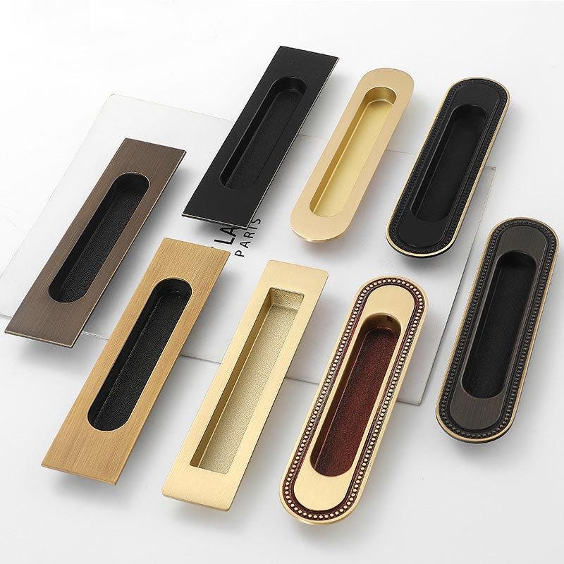 Recessed Cabinet Solid Brass Pulls Modern Vintage Flush Handles in Gold Bronze Black Sliding Doors Drawers Minimalist Furniture