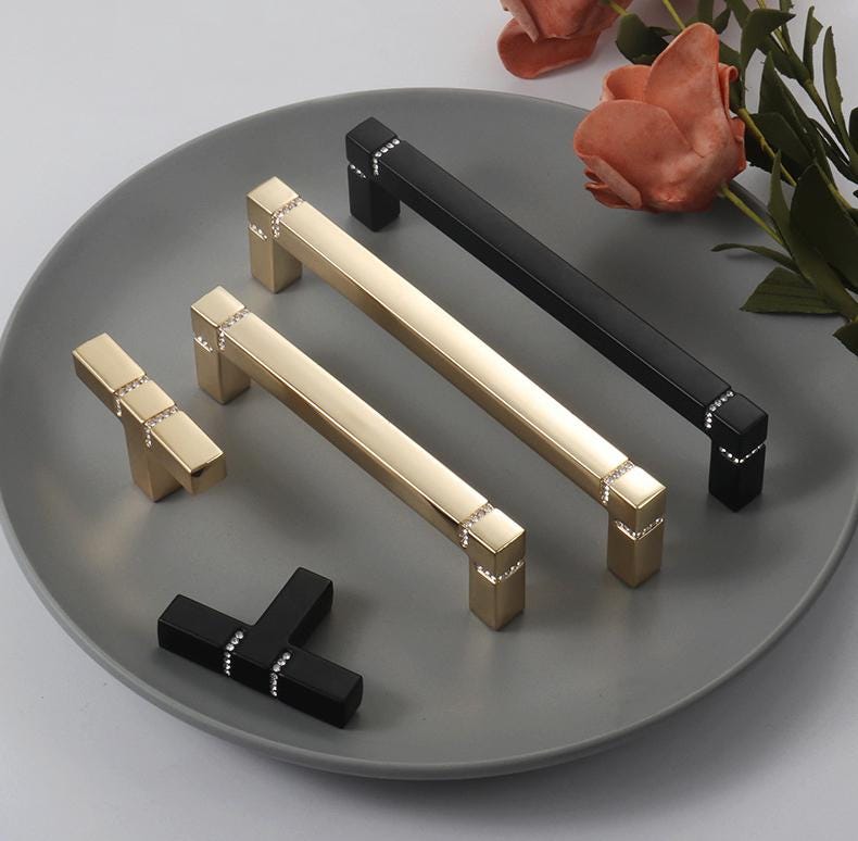Luxury Modern Cabinet Pulls Gold Black Solid Brass Drawer Handles Rhinestone Detail Glam Kitchen Closet Dresser Bathroom Bedroom Decor