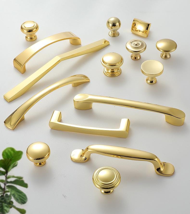 Glossy Gold Solid Brass Cabinet Knobs Pulls Modern Classic Handles Kitchen Closet Dresser Closet Glamorous Furniture Polished Finish