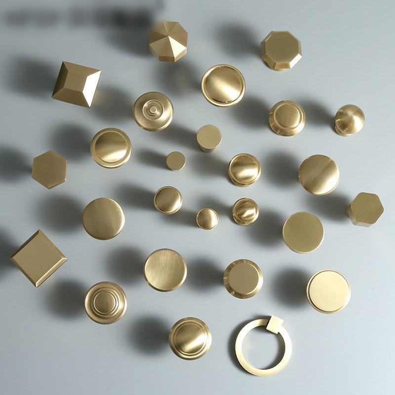 Gold Solid Brass Cabinet Knobs Modern Minimalist Furniture Handles Round Hexagon Square Cone Shapes Kitchen Dresser Closet Decor
