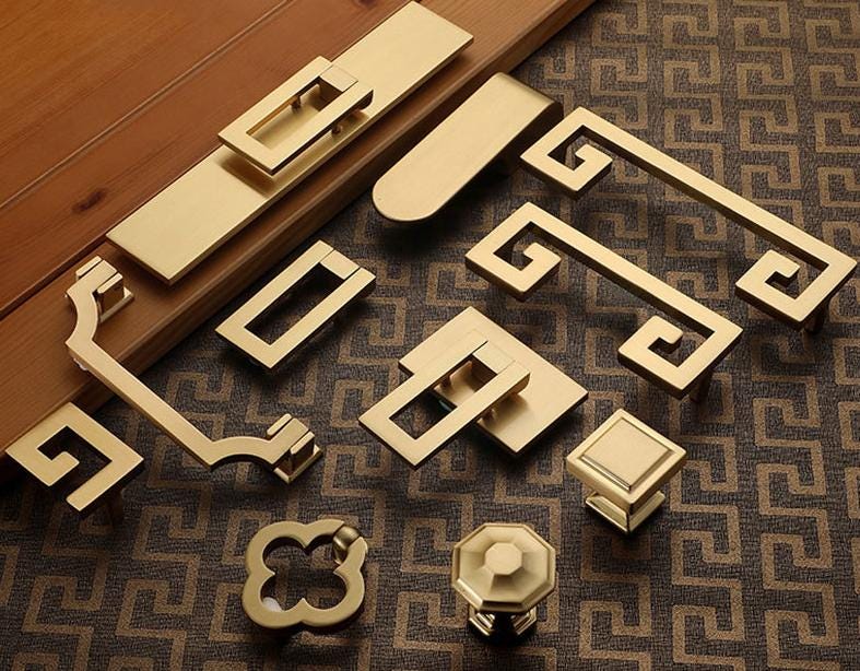Art Deco Cabinet Solid Brass Pulls Modern Geometric Gold Handles Knobs Luxury Kitchen Closet Dresser Glamorous Furniture Decor