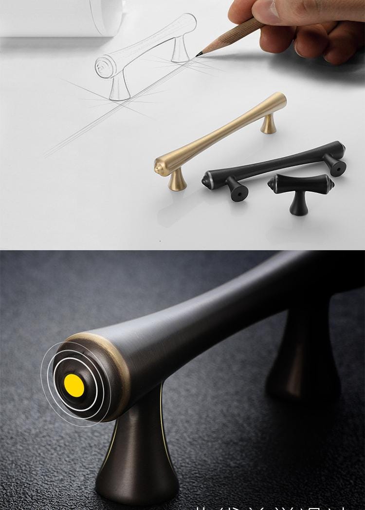 Modern Designer Cabinet Solid Brass Pulls Unique Bronze Gold Black Handles Tapered Silhouette Dresser Closet Kitchen Decor