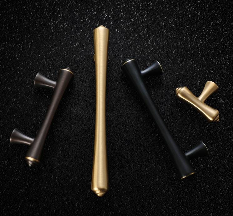 Modern Designer Cabinet Solid Brass Pulls Unique Bronze Gold Black Handles Tapered Silhouette Dresser Closet Kitchen Decor