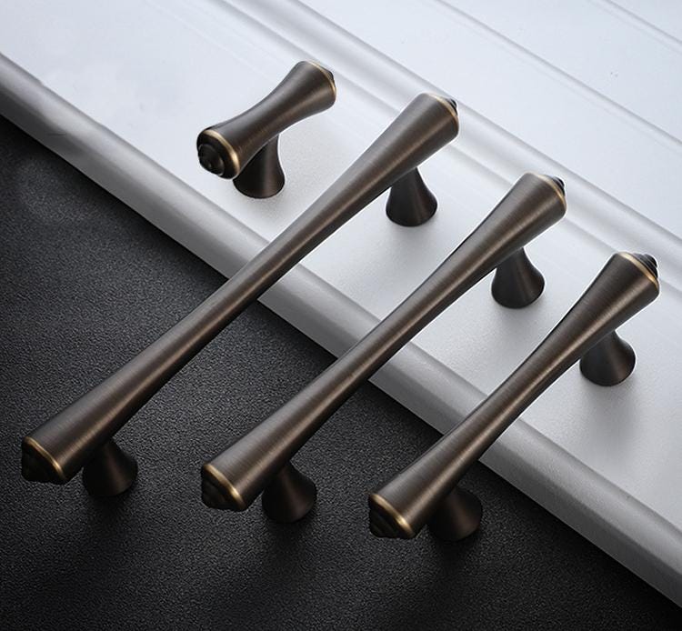 Modern Designer Cabinet Solid Brass Pulls Unique Bronze Gold Black Handles Tapered Silhouette Dresser Closet Kitchen Decor