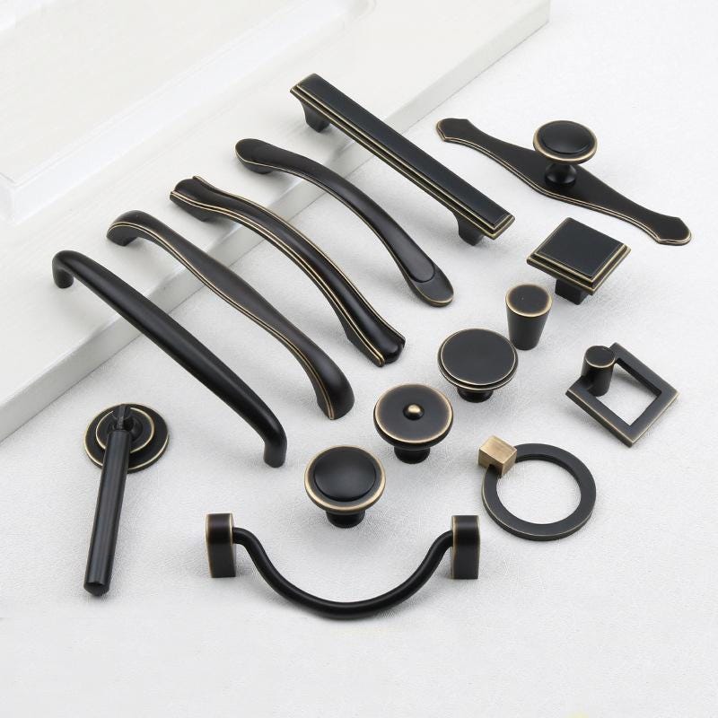Vintage Black Solid Brass Cabinet Pulls Matte Handles Gold Trim for Kitchen Closet Dresser Modern Classic Industrial Furniture