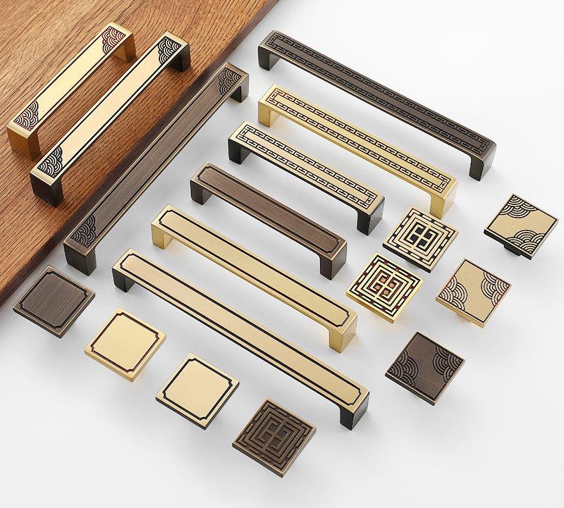 Oriental Cabinet Solid Brass Handles Knobs Geometric Asian Style Brass Gold Brown Drawer Pulls Dresser Wardrobe Closet Furniture Makeover