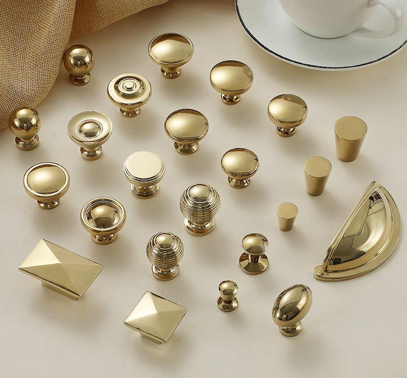 Modern Art Deco Gold Solid Brass Cabinet Knobs Elegant Minimalist Geometric Drawer Pull Handles Kitchen Dresser Wardrobe Bathroom Cabinets