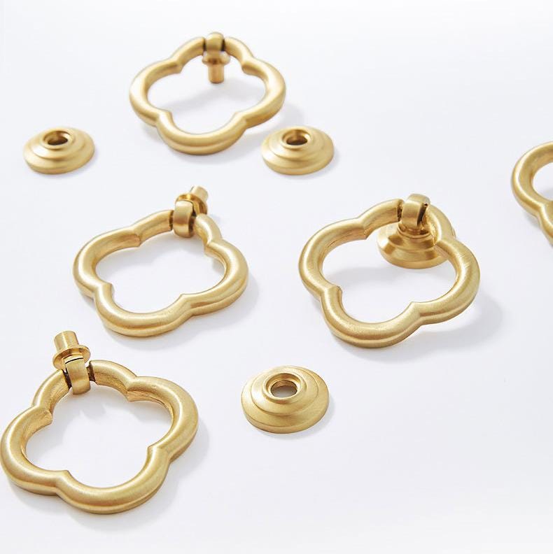 Elegant Gold Solid Brass Ring Pull Handles Four-Lobed Art Deco Cabinet Knobs Matte Finish Dressers Closets Sideboards Interior Decor Updates