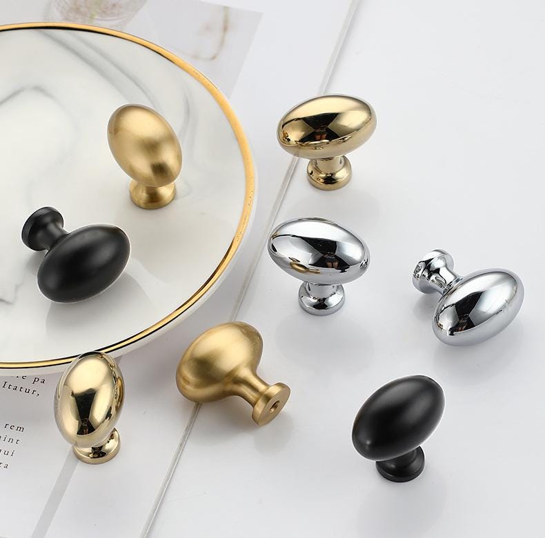 Modern Solid Brass Oval Cabinet Knobs Matte Gold Polished Gold Chrome Black Finishes Kitchen Closet Drawer Dresser Nightstand Furniture