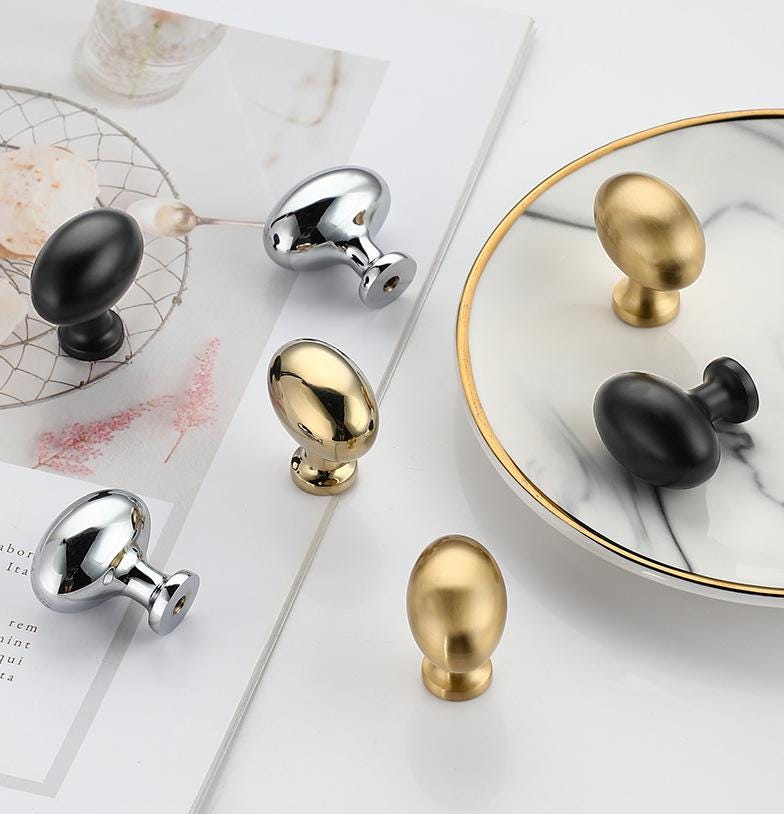 Modern Solid Brass Oval Cabinet Knobs Matte Gold Polished Gold Chrome Black Finishes Kitchen Closet Drawer Dresser Nightstand Furniture