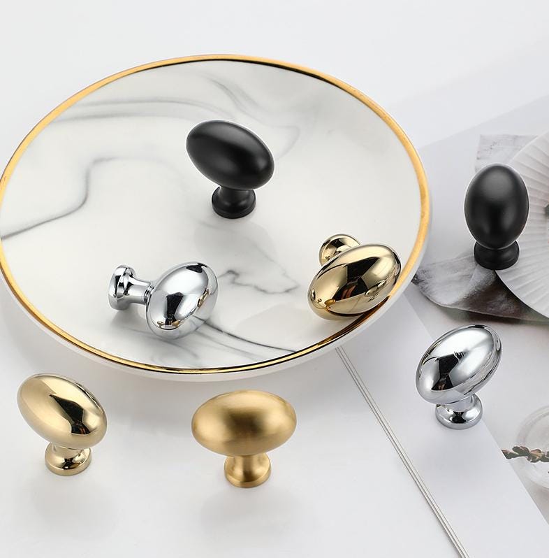 Modern Solid Brass Oval Cabinet Knobs Matte Gold Polished Gold Chrome Black Finishes Kitchen Closet Drawer Dresser Nightstand Furniture