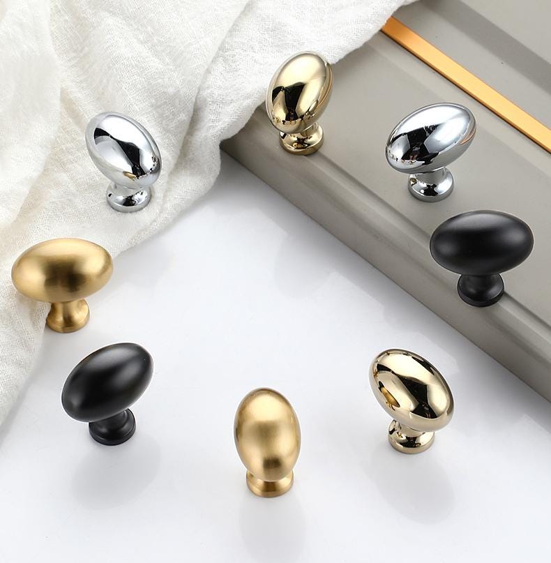 Modern Solid Brass Oval Cabinet Knobs Matte Gold Polished Gold Chrome Black Finishes Kitchen Closet Drawer Dresser Nightstand Furniture