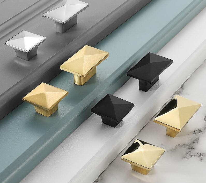 Geometric Pyramid Solid Brass Cabinet Knobs Modern Gold Black Silver Diamond-Shaped Drawer Pulls Kitchen Closet Dresser Furniture