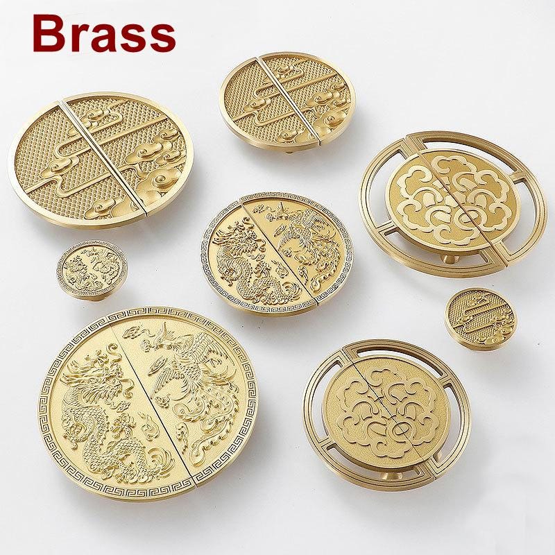 Chinese Antique Solid Brass Cabinet Knobs Brass Round Handles Dragon Phoenix Cloud Motifs Oriental Furniture Closet Doors Decor