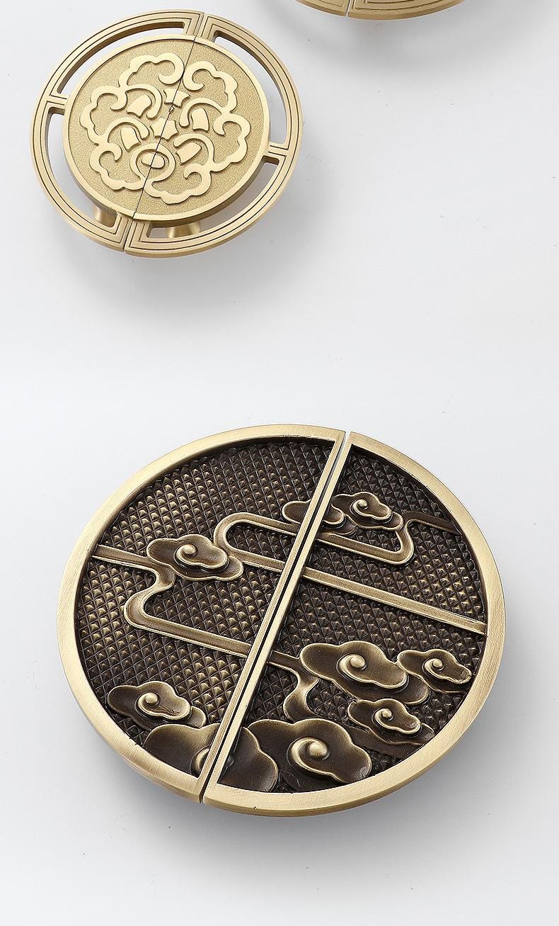 Chinese Antique Solid Brass Cabinet Knobs Brass Round Handles Dragon Phoenix Cloud Motifs Oriental Furniture Closet Doors Decor